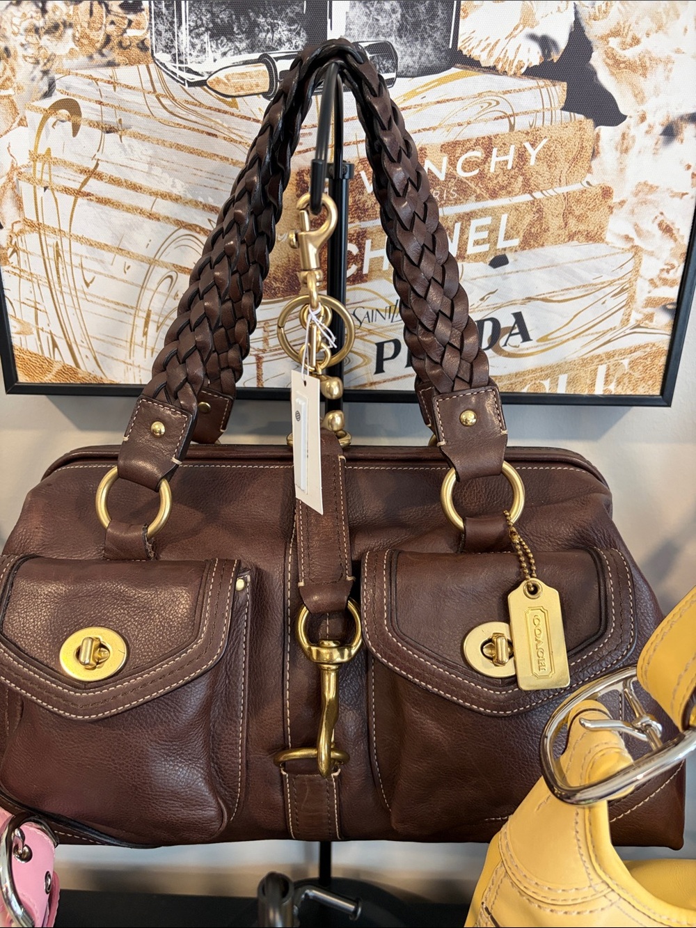 Y2K 2005 Coach Dark Brown Leather Satchel with Braided Handles and Gold Hardware